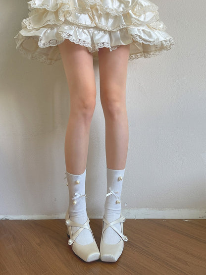 Socks White/Black Decorated Bow Beadand