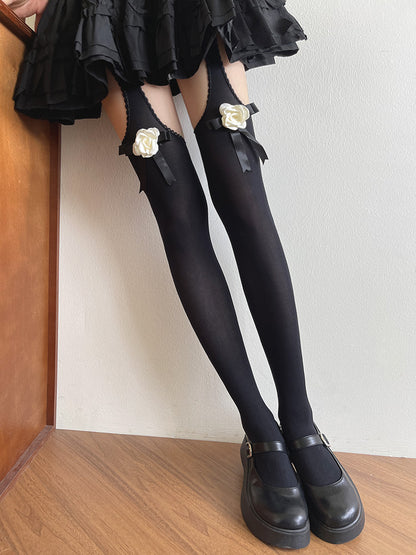 Camellia Bowknot Tights Black/White Suspender