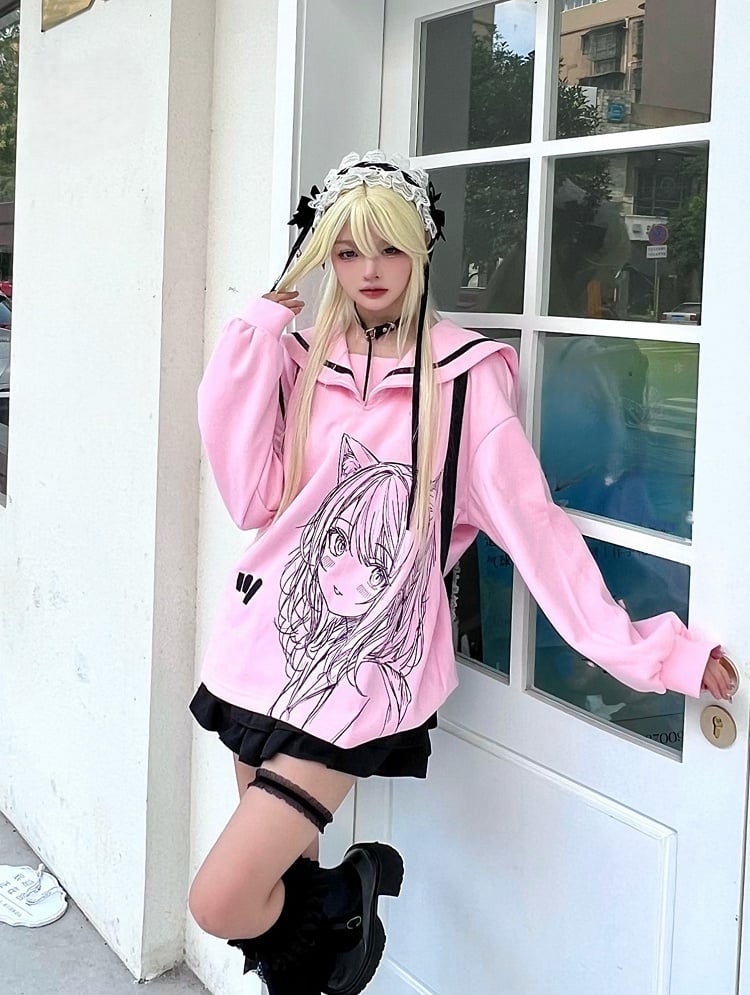 Ribbon and Girl Print Jirai Sweatshirt with Back Black/Pink Collar Bow Sailor - Kei Manga Style