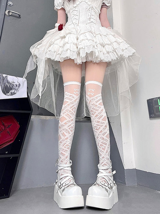 Over Y2K Design Knee White Bow Stockings Strappy