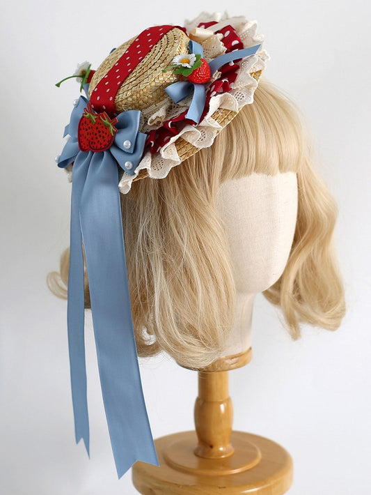Blue Straw Mini Red with Strawberry Applique Hat