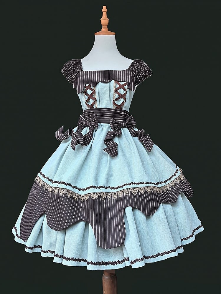 Bow Green Mint Chocolate Neckline Dress with Striped Details Lolita Square Sweet