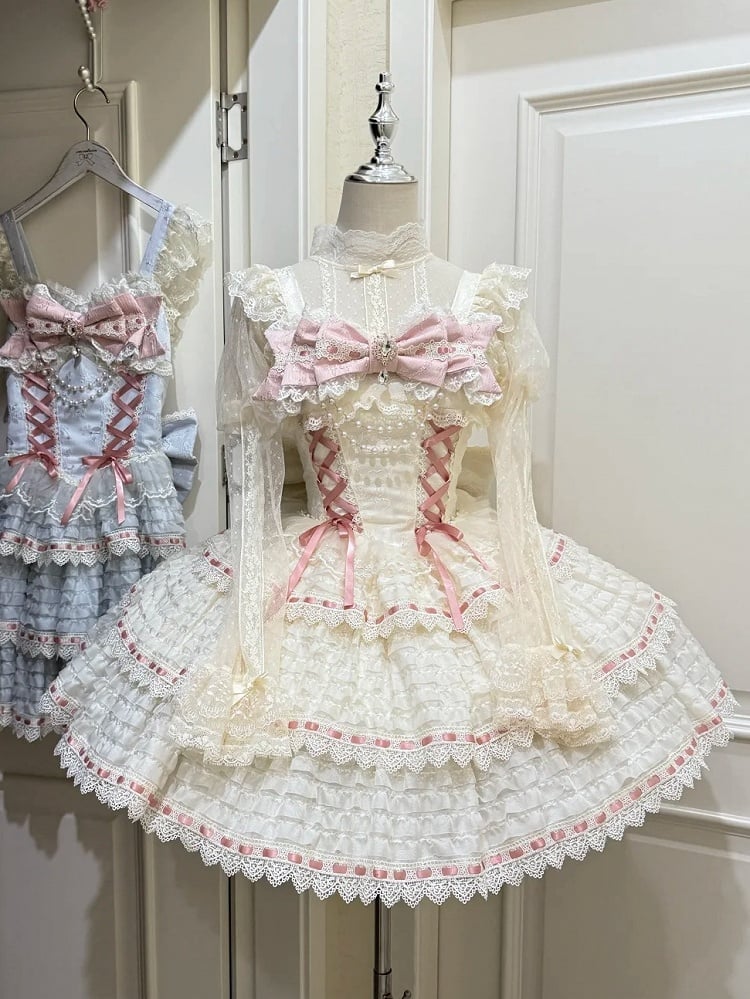 with Accent Chain Lolita Bow Apricot Dress Bead JSK Details Lace-up