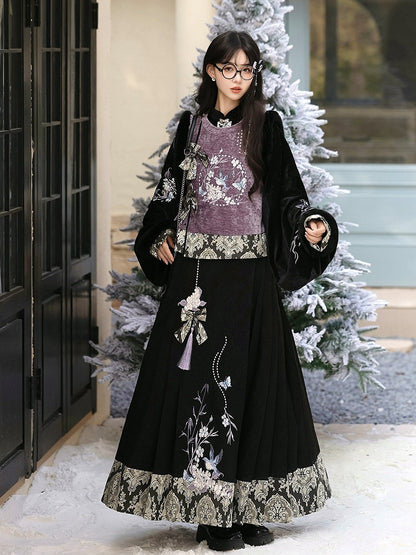 Oriental Embroidered Floral Blouse in Black & Purple with Fuzzy Trim Vest and Pleated Skirt - Han Ru Chu Hanfu &amp; Han-Element Studi