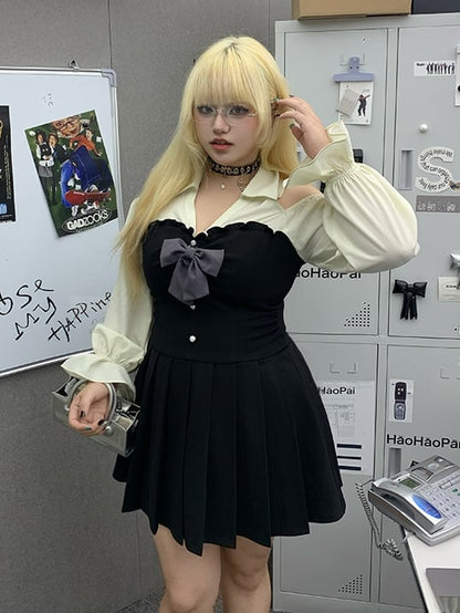 Bishop Dress Pleated Cutout Shoulder and Skirt / Sleeves Plus Size Black Brown with