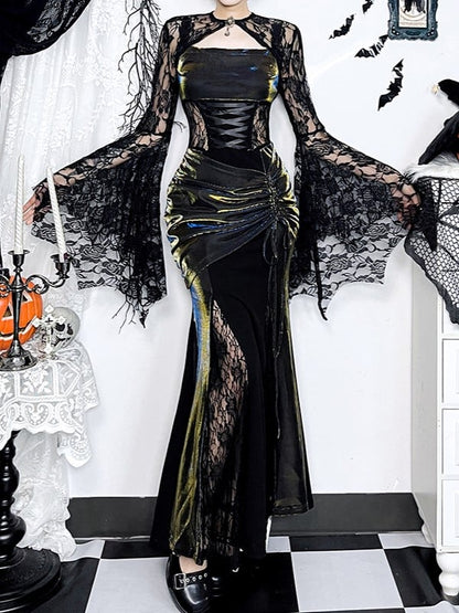 Black Metallic Slip Dress Mermaid Satin Lacing Gothic Halloween with Crisscross