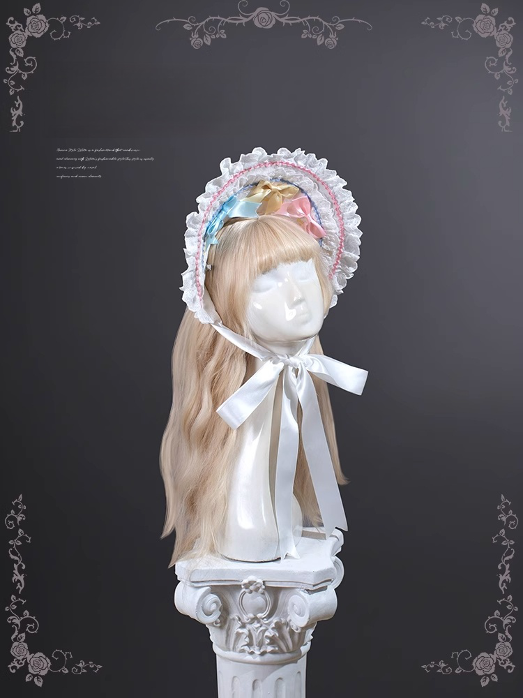 Bowknots White Ruffled Lace Trim Bonnet Macaron Color