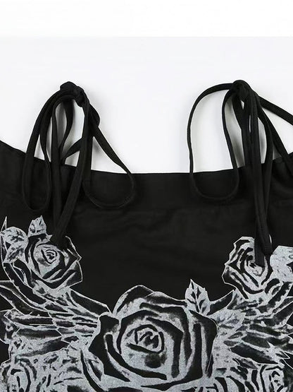 Schulterfreier Ausschnitt, verziert mit floralem schwarzem Strass-T-Shirt-Design Y2K