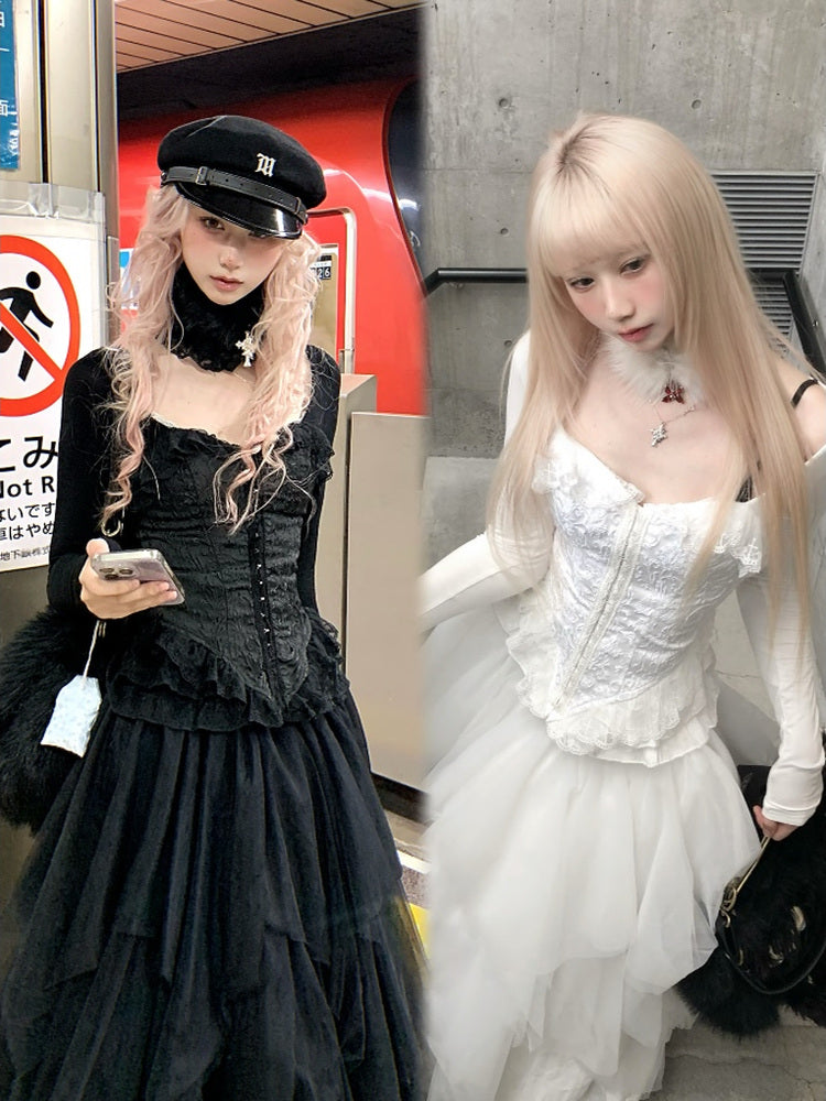 Embossed Lace-Up Back with Jacquard Lace Black/White Top Sleeve Frill Long