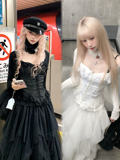 Embossed Lace-Up Back with Jacquard Lace Black/White Top Sleeve Frill Long