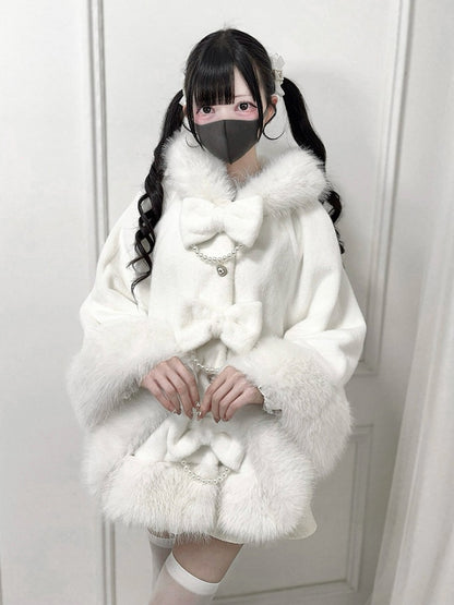 Hooded Bow with Decor Bead Kei White Cape Furry Chain Jirai