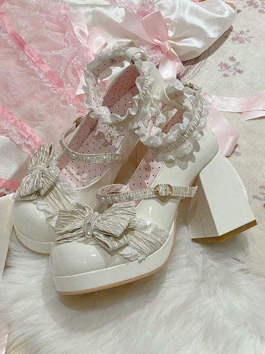 - Block Bead-Embellished Lace Janes Heel Platform and Upper White Sweet with Mary Creamy Bow High Accented Strap