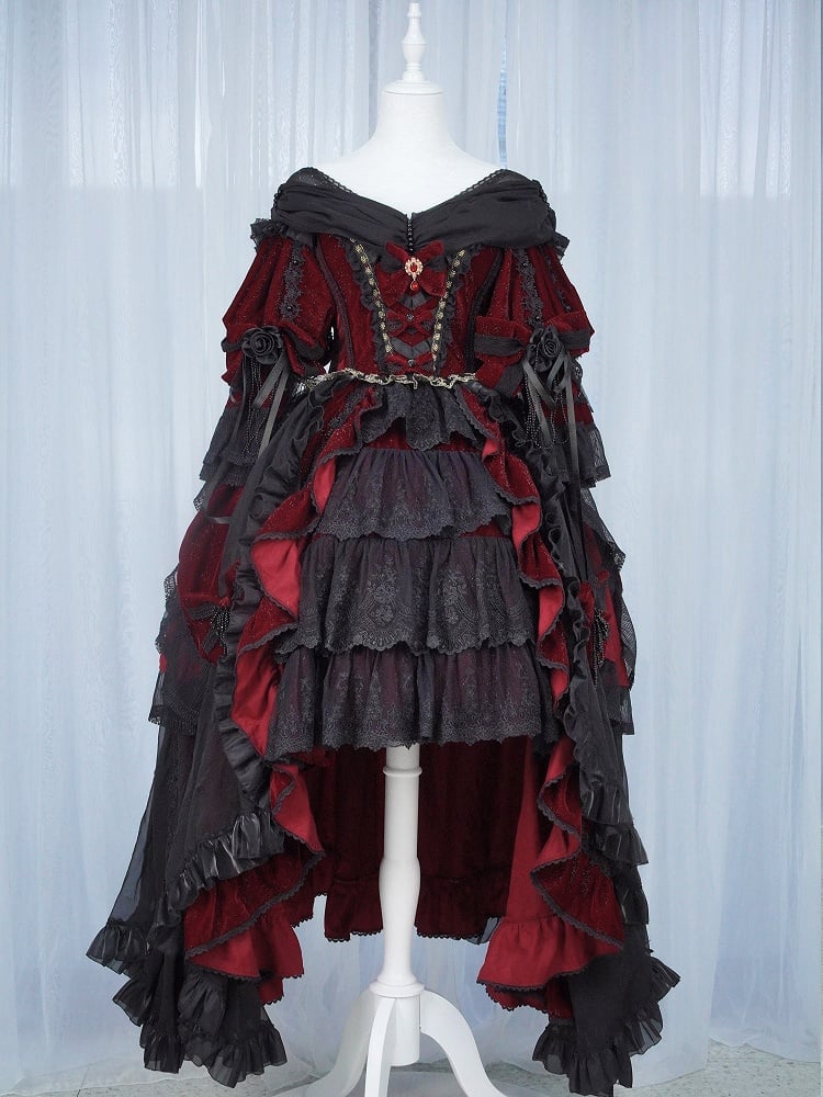 and Hanayome Dress Black Ruffle High-low Lolita Cascading Shimmering Velvet Red