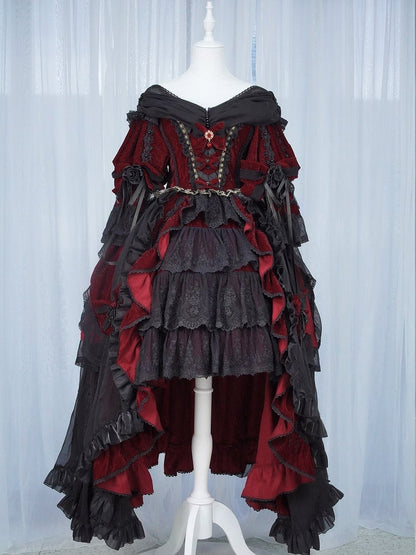 and Hanayome Dress Black Ruffle High-low Lolita Cascading Shimmering Velvet Red