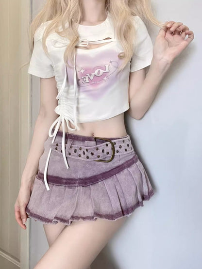 ホワイト スウィートハートプリント ドローストリング クロップドトップ