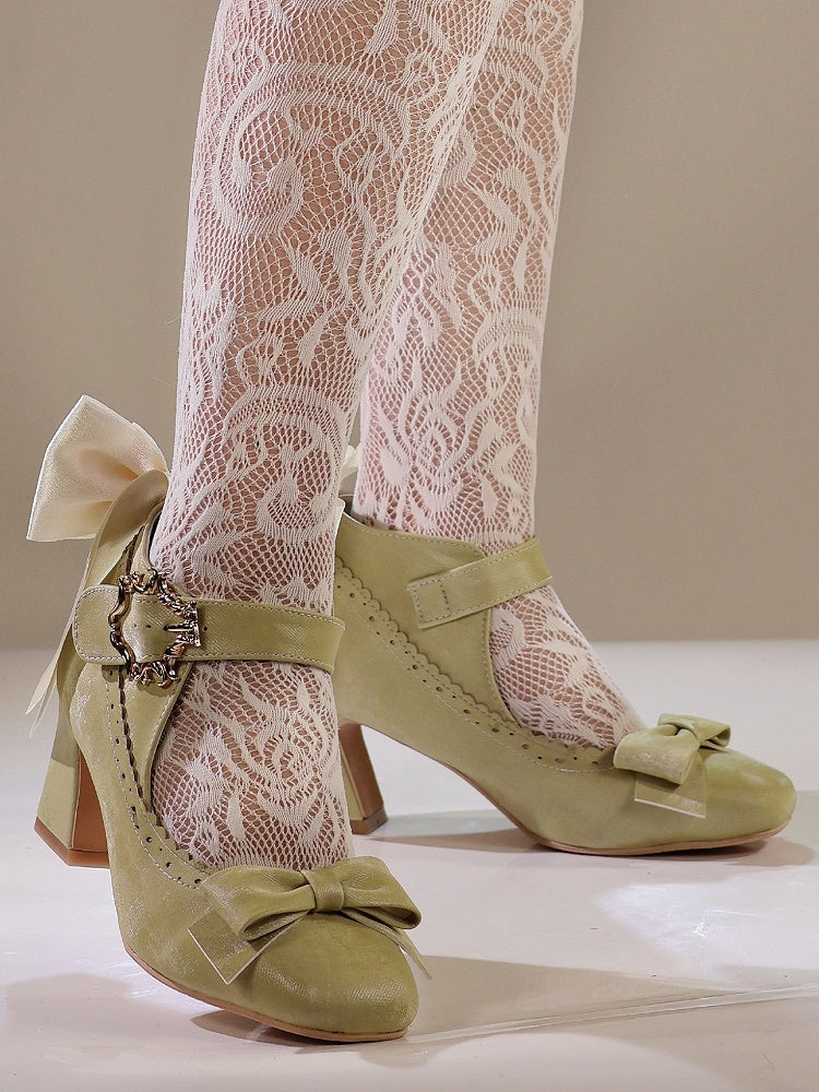 High Heel Green Decorative Block Bow - Shoes for Elegant Wear Accents