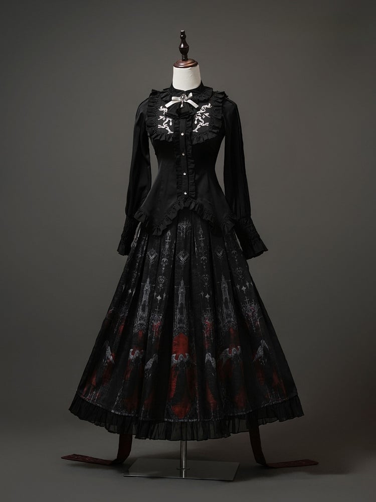 Black Angel Ruffled Pleat Box Gothic Skirt Red and Blouse Set Printed