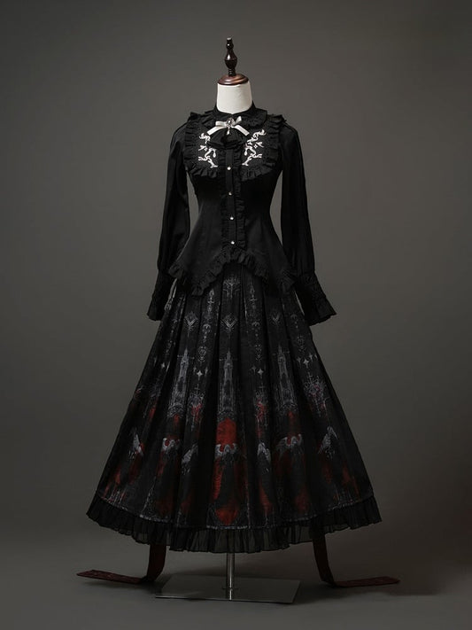 Black Angel Ruffled Pleat Box Gothic Skirt Red and Blouse Set Printed