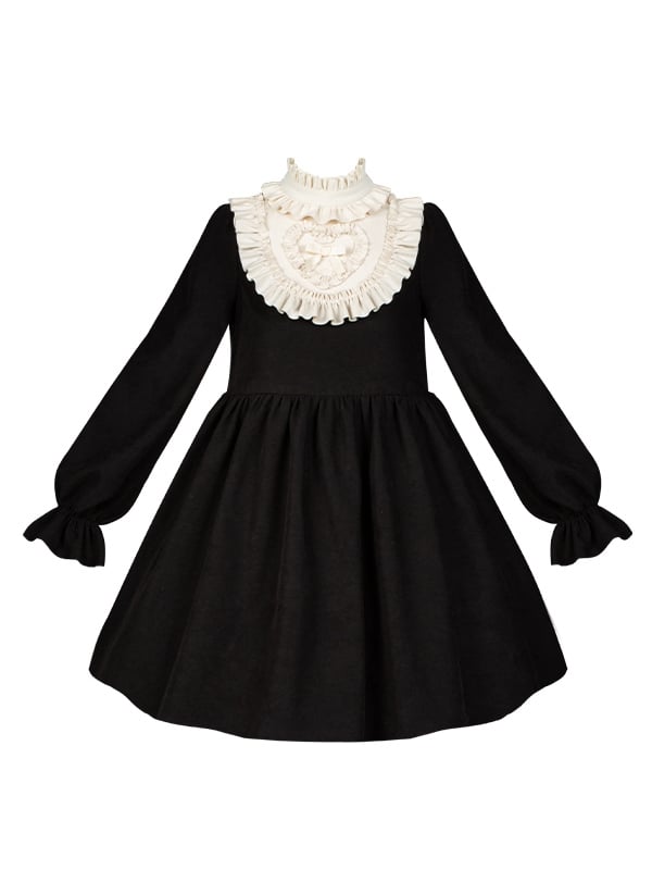 Beigefarbener Rüschenausschnitt, schwarzes Lolita-Kleid mit hoher Taille und langen Ballonärmeln, kurze Version