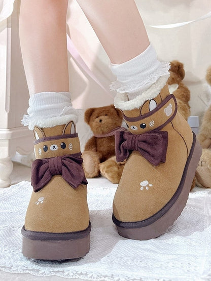 Winter Lolita Fleece Sweet Bear Ankle Brown Themed with Lining Boots