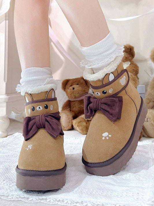 Winter Lolita Fleece Sweet Bear Ankle Brown Themed with Lining Boots