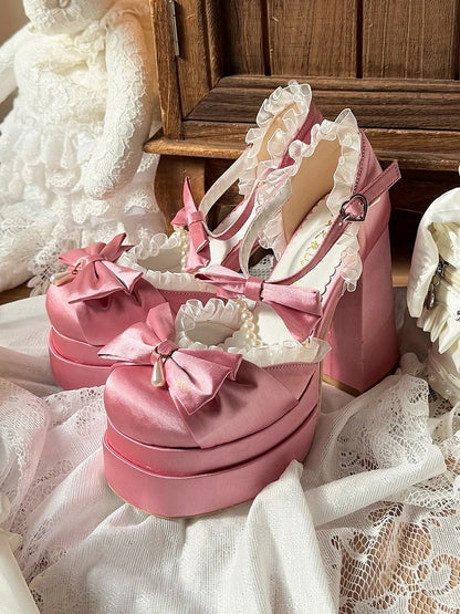 Kawaii Pink Pearl Chain & Lace Bow Accent 5cm Platform Round Toe Shoes - Witch's Night