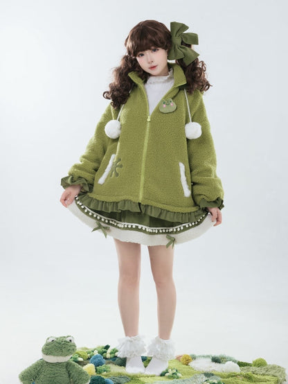 Green Elastic Waist Fleece Hemline Winter Lolita Skirt