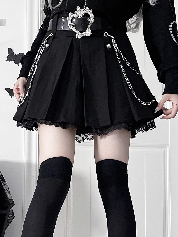Motif Black Gothic ChainsCross Metal Hem Lined Skirtwith Lace Side