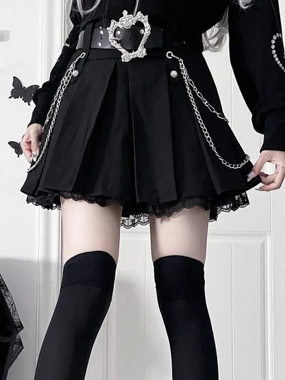 Motif Black Gothic ChainsCross Metal Hem Lined Skirtwith Lace Side