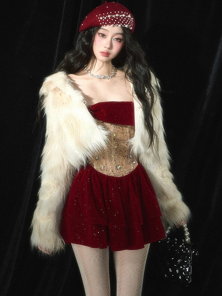 Weinrotes, strassverziertes Tweed-Patchwork-Mieder mit Stufenrock und trägerlosem Kleid