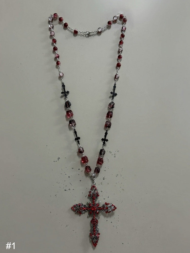 Red Gothic Cross Necklace with Rhinestones - Boobi Shop