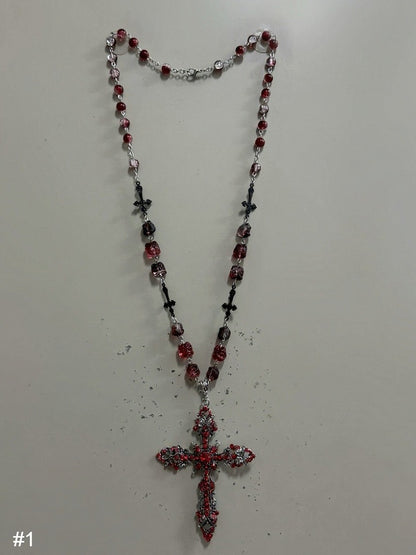 Red Gothic Cross Necklace with Rhinestones - Boobi Shop