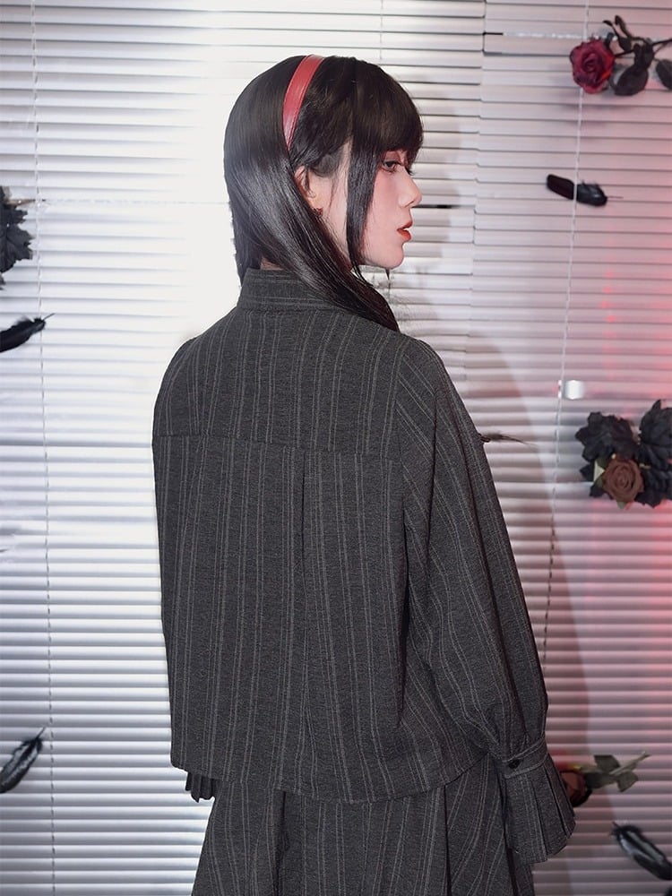 Blouse Stripe Vintage Embroidered Gothic Chinese Gray Placket Diagonal Flare Sleeve