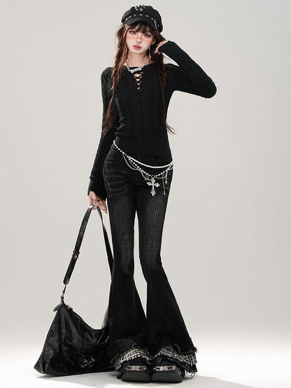 Fischschwanz-Patchwork-Karierte schwarze Bündchenjeans