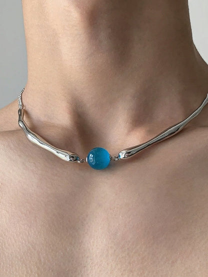 Punk Style Silver Necklace with Azure Bead Detail - YSHXS