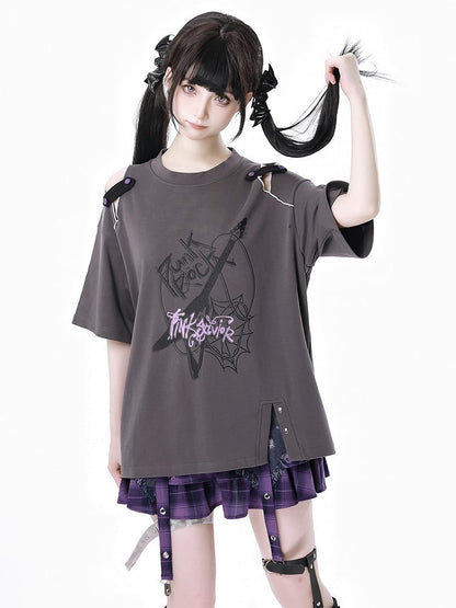 Dusty Gray Cutout Shoulder Slit Hem Punk Rock Graphic T-Shirt