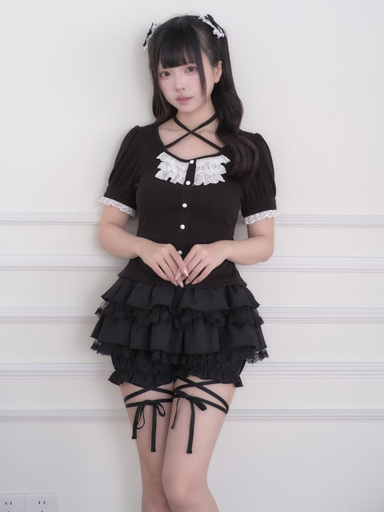 Black Jirai Kei Tiered Ruffled Skort - No Genki