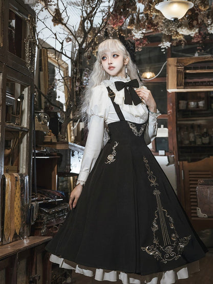 Jabot Top Black + Overall Juliette Shirt High Skirt Elegant Cropped Waist Sleeves Collar Lolita