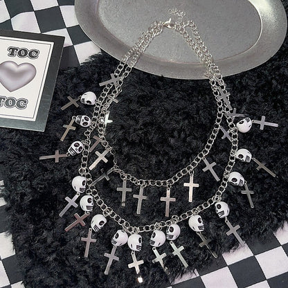 Anhänger Halskette Punk Skelett Kreuz Silber Und