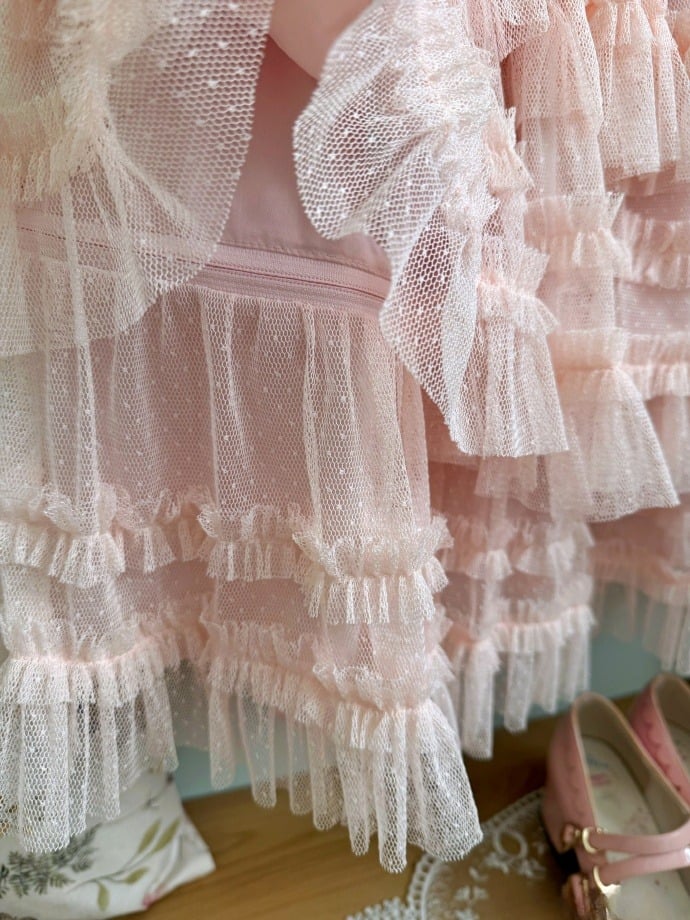 Multi-layered Set Blouse + Belt - Mesh Elegant Bell Sleeves Waist Skirt Lolita Cotton Vest Pink Classic Tulle Dotted