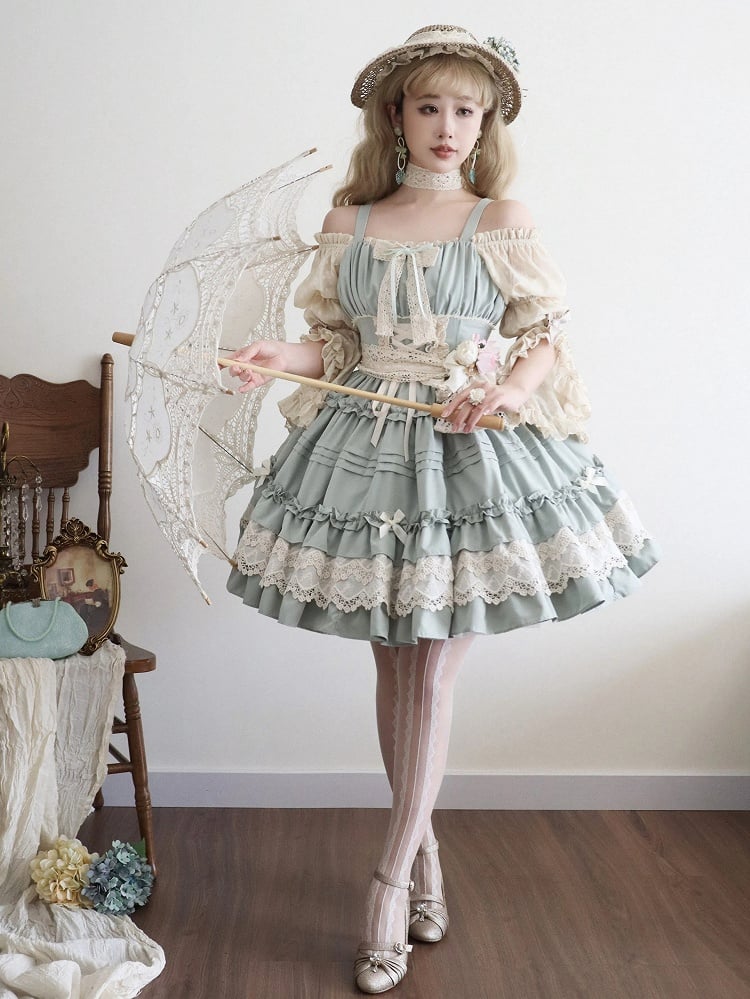 Light Jumper Skirt Ruffle Green Summer Trim Pleated and Lolita