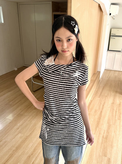 Dress Asymmetrical Collar Sleeve Detail Patchwork and Striped Short with Star