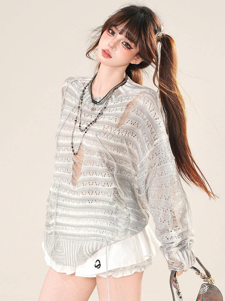 Protection Sun Gray/Beige Glamorous Long Hole Sleeves Distressed