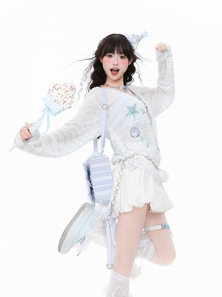 Print with Semi-Sheer Striped White Top Long-Sleeve Oceanic