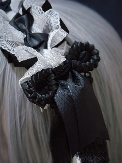 Droopy Black Alternative in Ear White Plush with KC Maid-style Lace Bunny Style