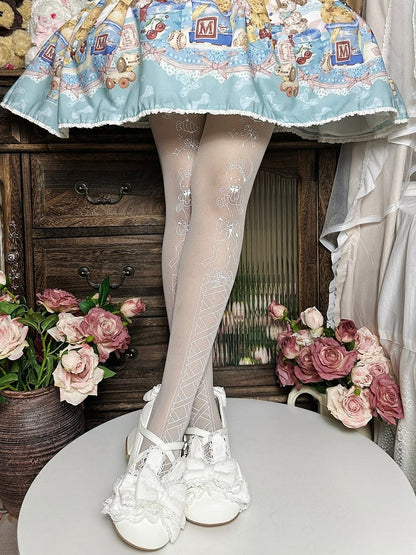 Bow And Bunny Pantyhose Semi-sheer Print White Lace-up