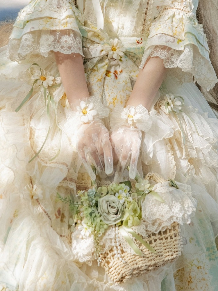 Gloves White Mesh Decorated Bow Daisy