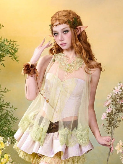Green Mori Sheer Sleeveless Top Lace Trim - Virtual Orbit