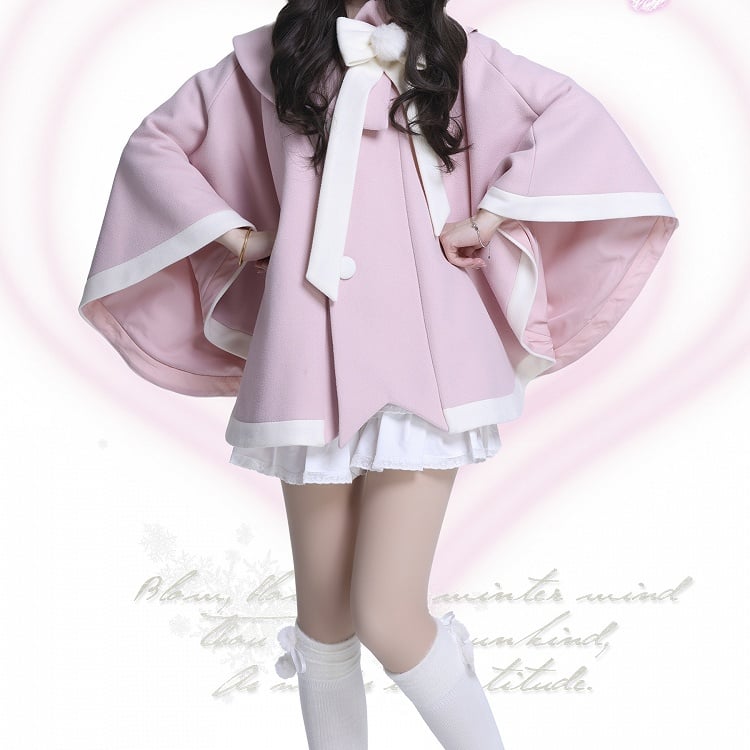 ピンク＆ホワイトの猫耳フード付きマント