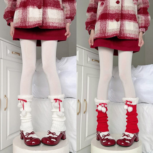 Warmers Red/White Leg Knitted Pom-pom Fleece-trimmed Decorated